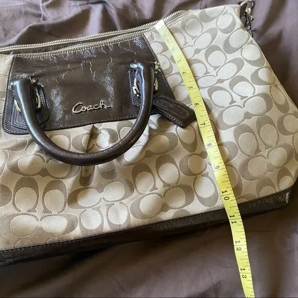 Coach tan canvas & patent leather cross body bag